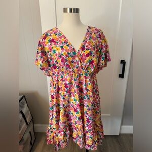 Floral V Neck Surplice Neckline Dress